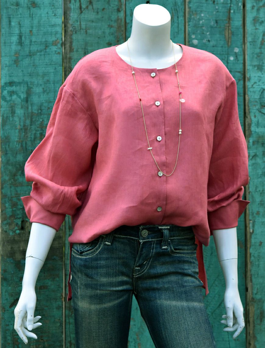 イタリアリネン バルーンスリーブ ブラウス／フラミンゴ[encolorage] Italy Linen 100% Balloon sleeve Blouse / Flamingo